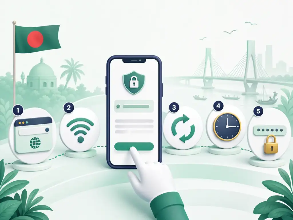 ওয়েব ঠিকানা, সংযোগ, ক্যাশ, সময় ও OTP পরীক্ষার ধাপ
